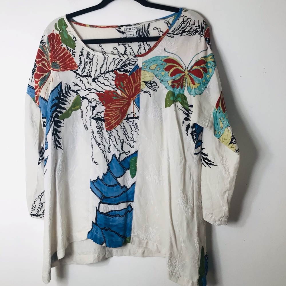 Citron White Butterfly & Floral Print Tunic Anthropologie small silk